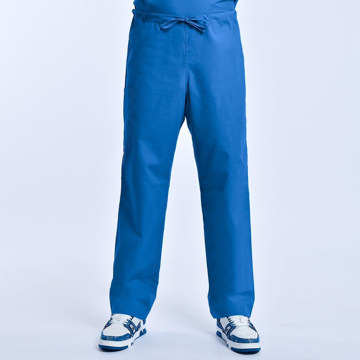 Blue unisex scrub pants with adjustable drawstring and side pocket, suitable for medical use and industrial laundry.