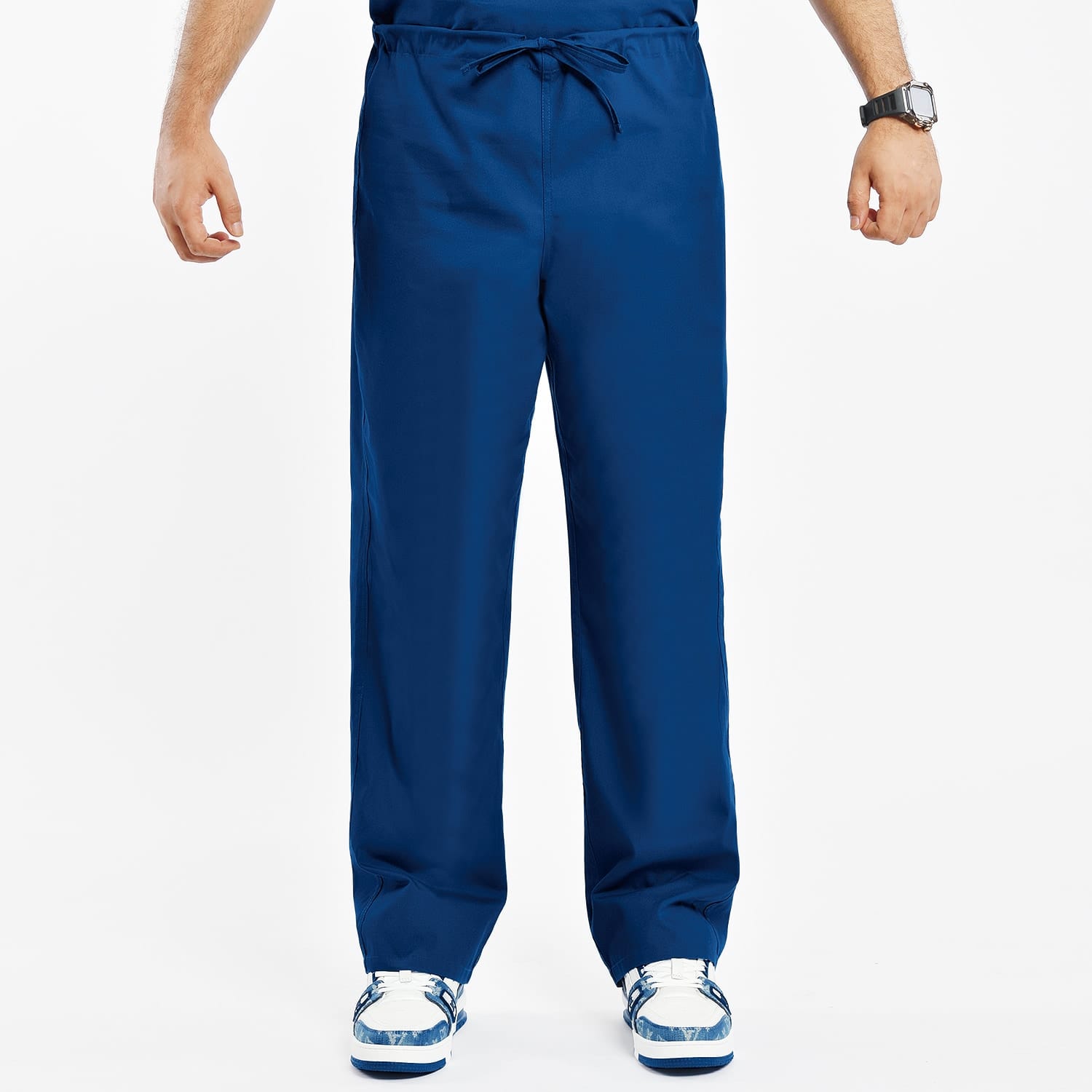 Unisex blue scrub pants with pockets, adjustable waist, designed for comfort and durability.