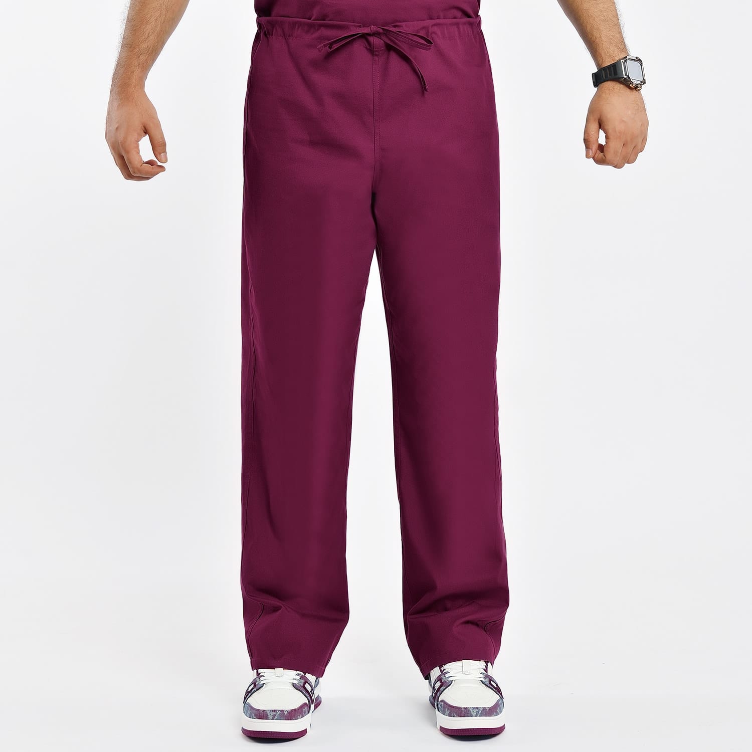 Burgundy unisex scrub pants with cargo pocket and drawstring waist for a custom fit, ideal for clinical professionals.