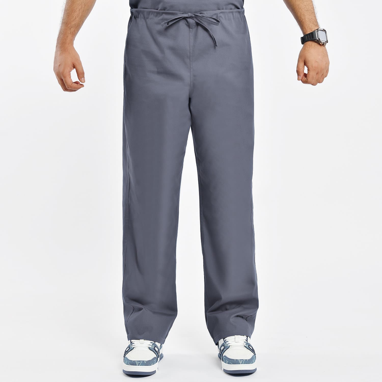 Unisex grey scrub pants with adjustable waist and functional pockets, ideal for healthcare professionals.