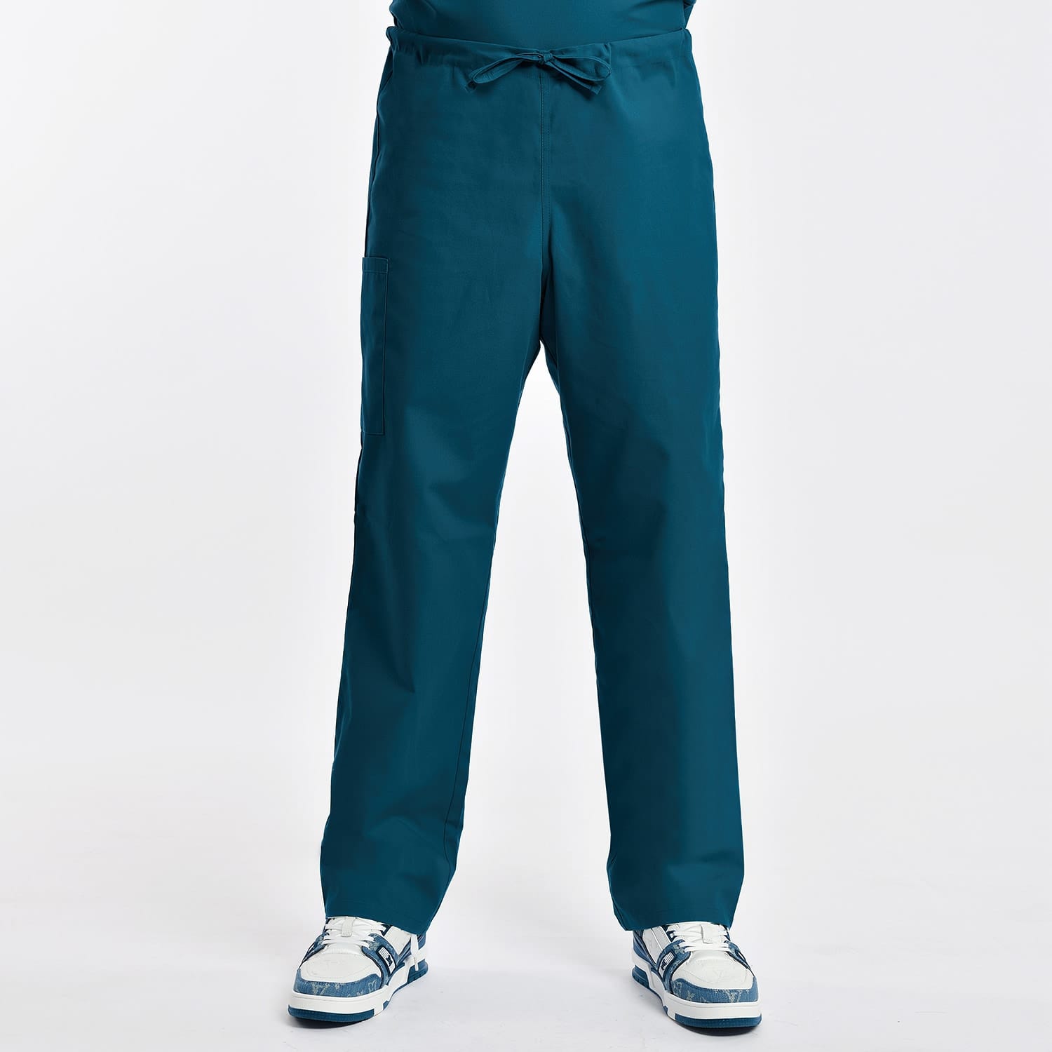 Unisex teal scrub pants with an adjustable drawstring waist and side pocket, offering durability and comfort for medical workers.