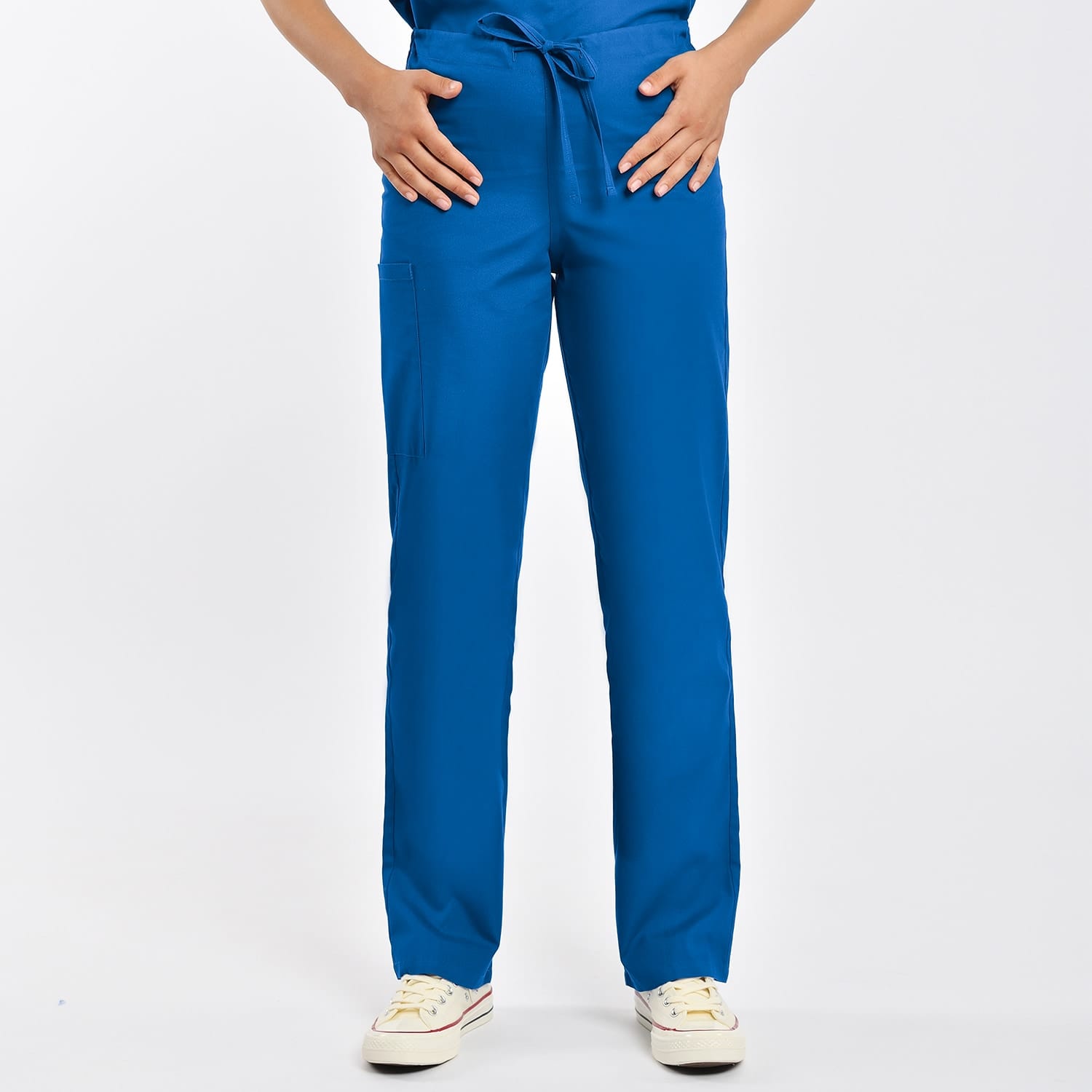 Unisex blue scrub pants with drawstring, side cargo pocket, and relaxed fit.