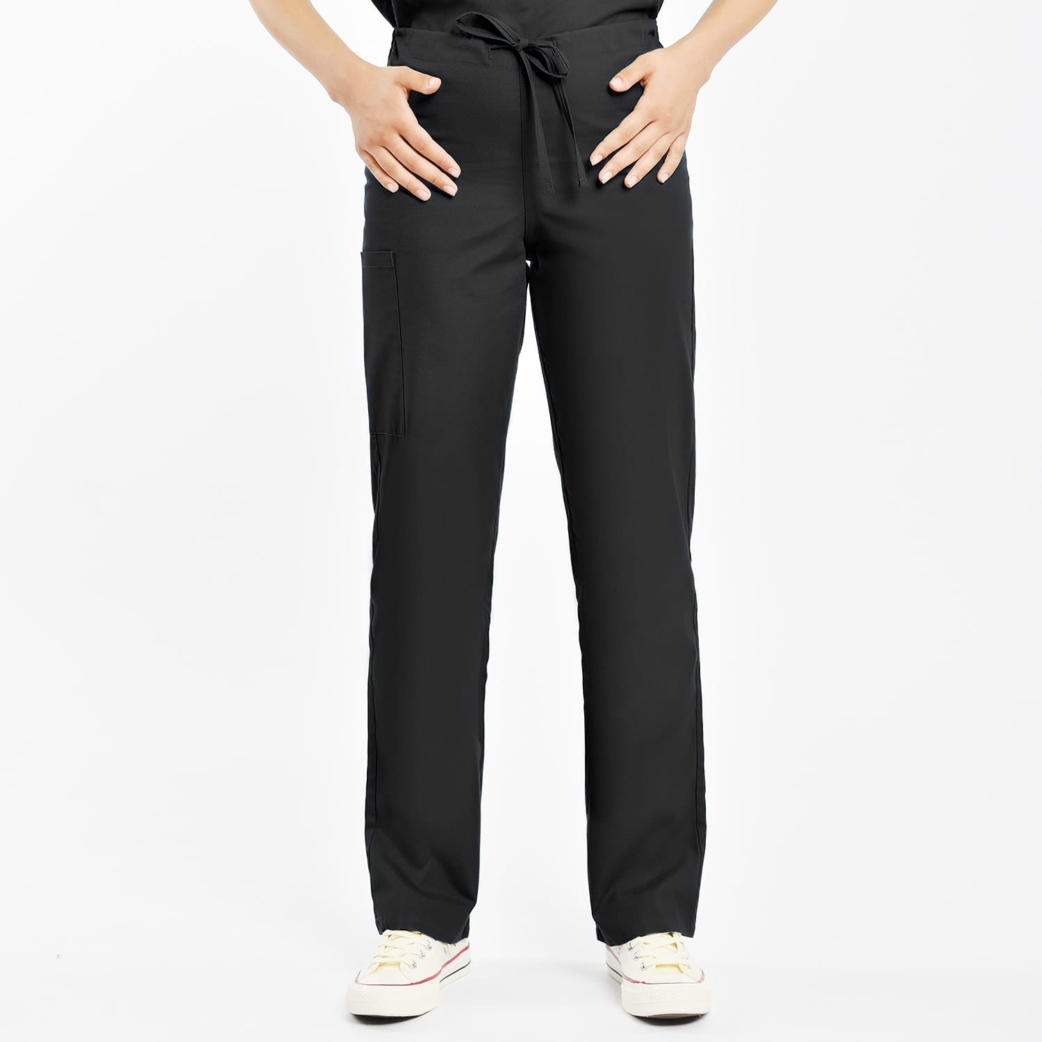 Unisex black scrub pants for women, comfortable fit with adjustable waist, suitable for clinical and healthcare settings.
