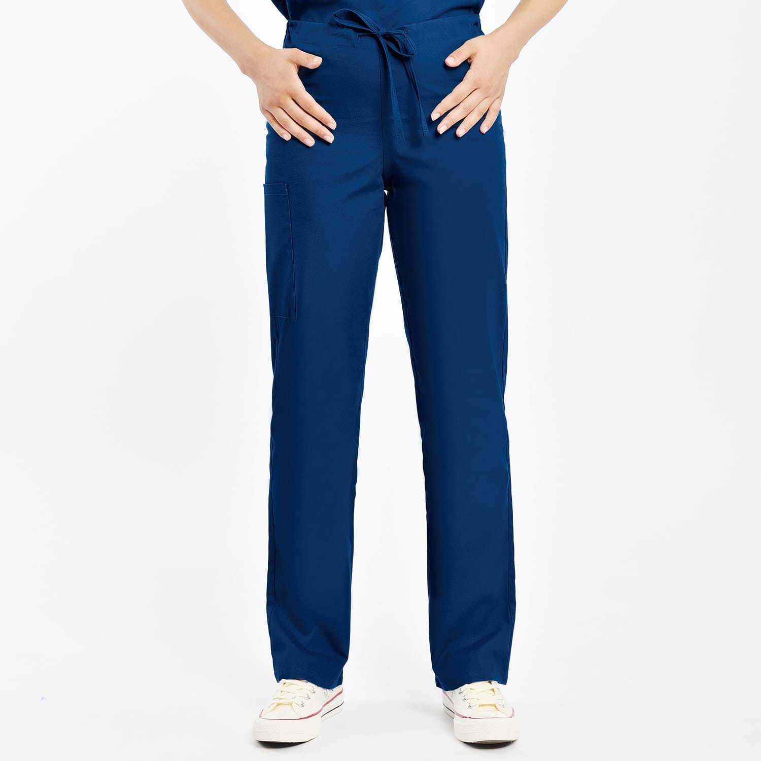 Unisex blue scrub pants designed for clinical professionals, featuring breathable fabric, adjustable waist, and functional pockets.