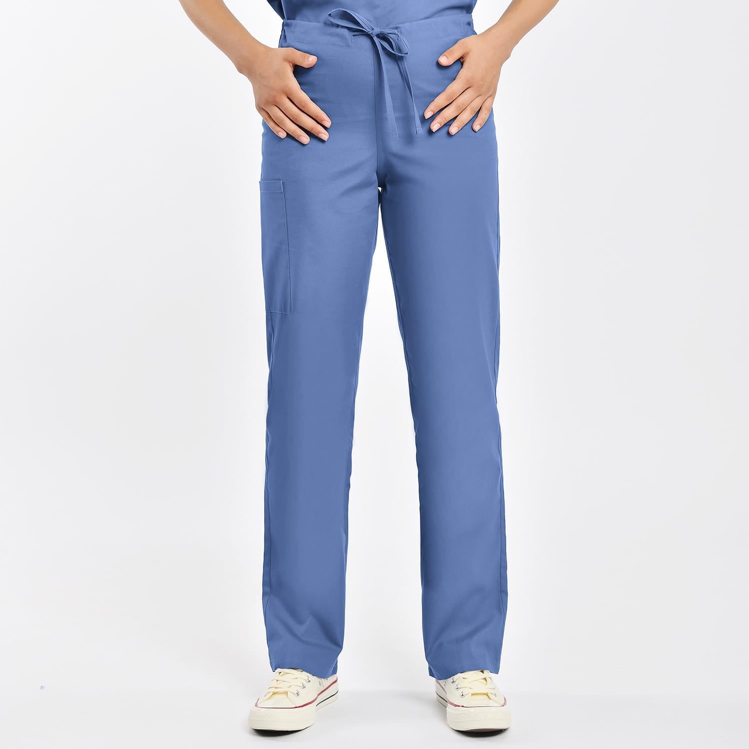 Unisex breathable scrub pants with side cargo pockets, designed for comfort and fit in clinical settings.