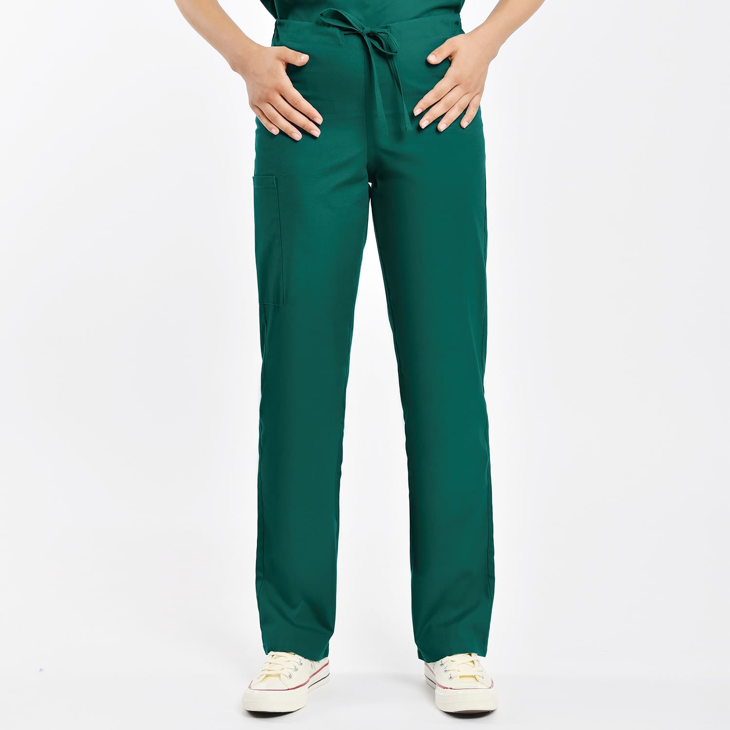 Dark green unisex scrub pants with elastic waist and functional pockets, perfect for clinical professionals.