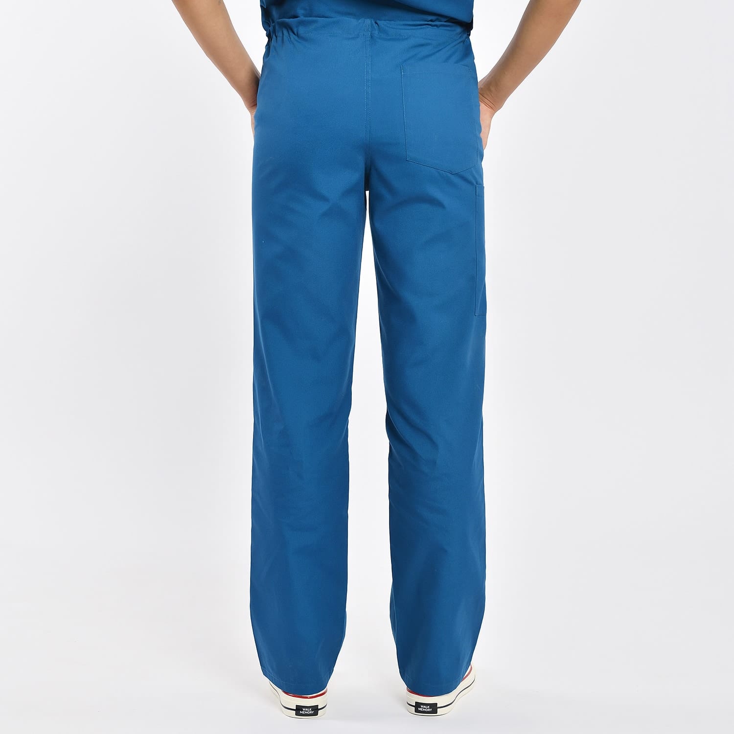Back View of Custom Blue Medical Scrub Pants for Healthcare Professionals Back view of blue unisex scrub pants showing the durable fabric and practical design with an adjustable waistband.