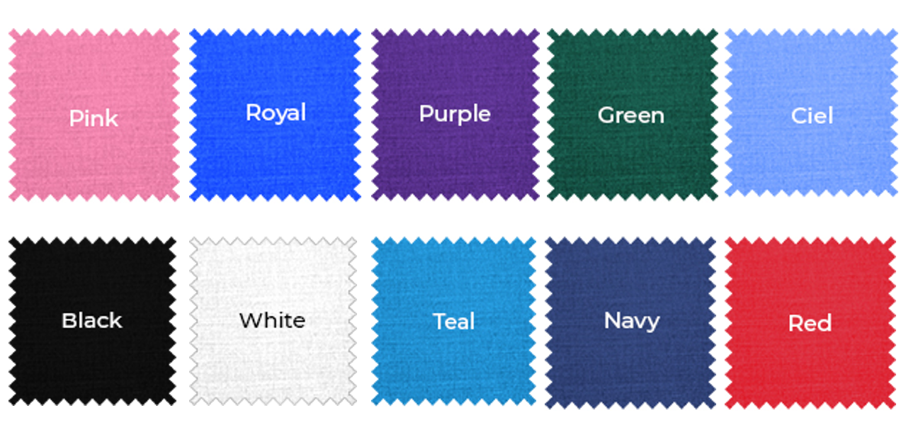 Color swatches featuring Pink, Royal, Purple, Green, Ciel, Black, White, Teal, Navy, and Red fabrics.