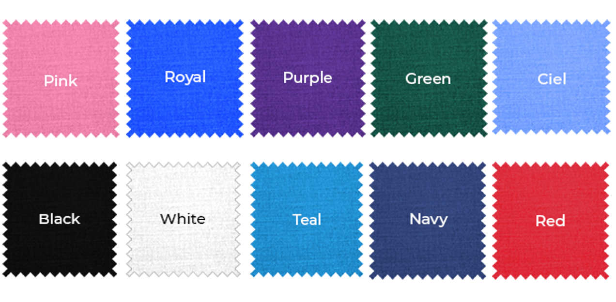 Color swatches featuring Pink, Royal, Purple, Green, Ciel, Black, White, Teal, Navy, and Red fabrics.