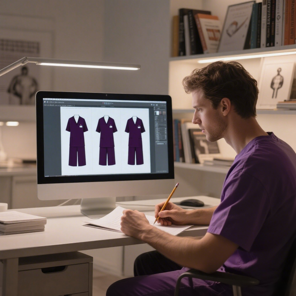 Designer creating custom unisex medical scrubs in purple for healthcare uniform production
