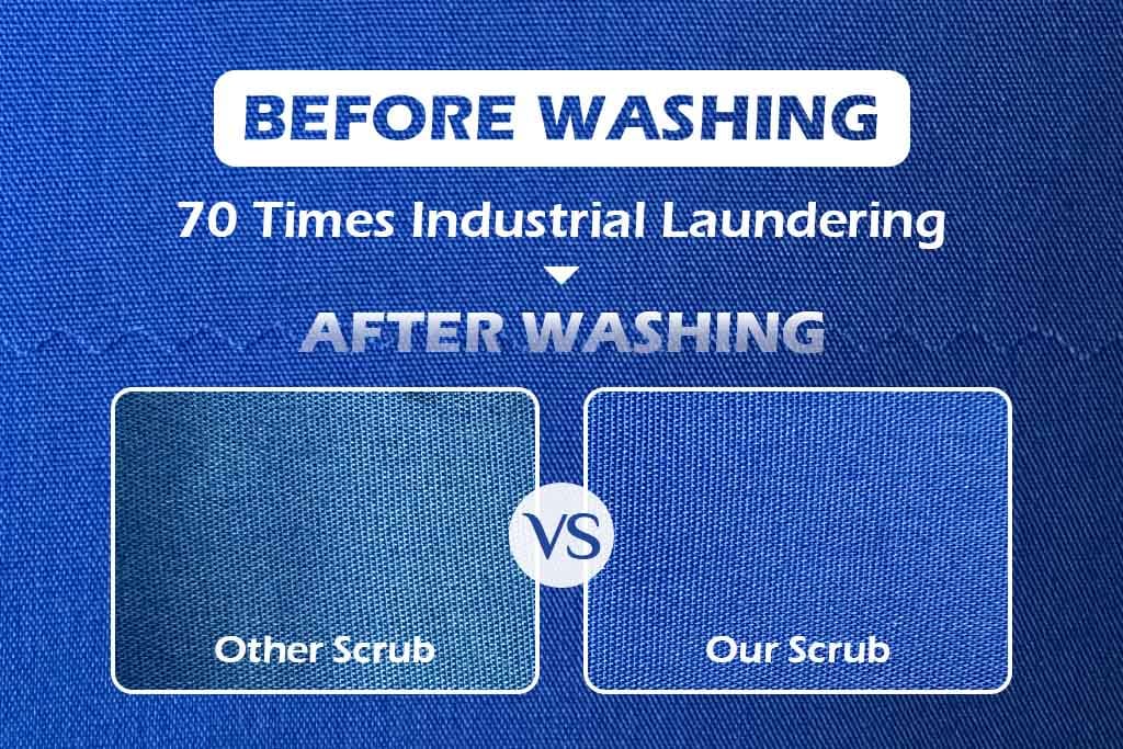 Comparison of scrub fabric before and after 70 industrial launderings, showing the durability of our scrub versus other scrubs.