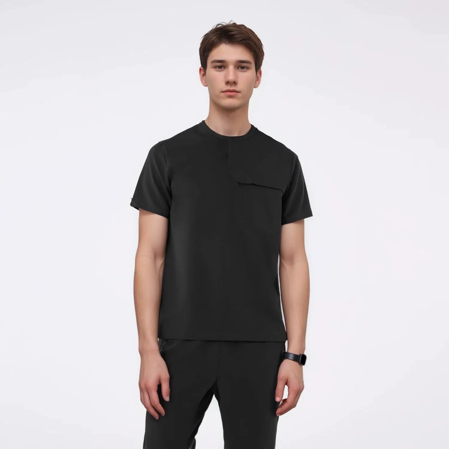 Black men's medical scrub top with a chest pocket and shoulder pocket, designed for comfort and style in healthcare environments.