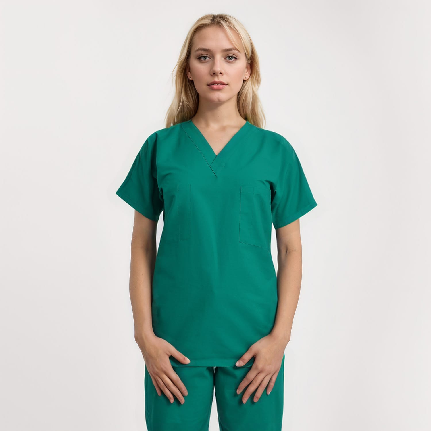 Front view of a model wearing a reversible V-neck scrub top in unisex style with one pocket, perfect for healthcare workers.