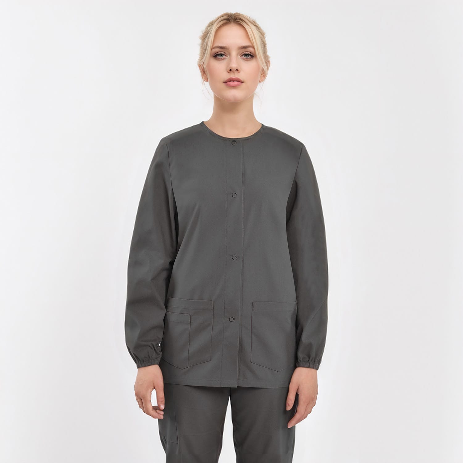 Gray unisex medical work jacket with three pockets, customizable for healthcare uniform wholesale.