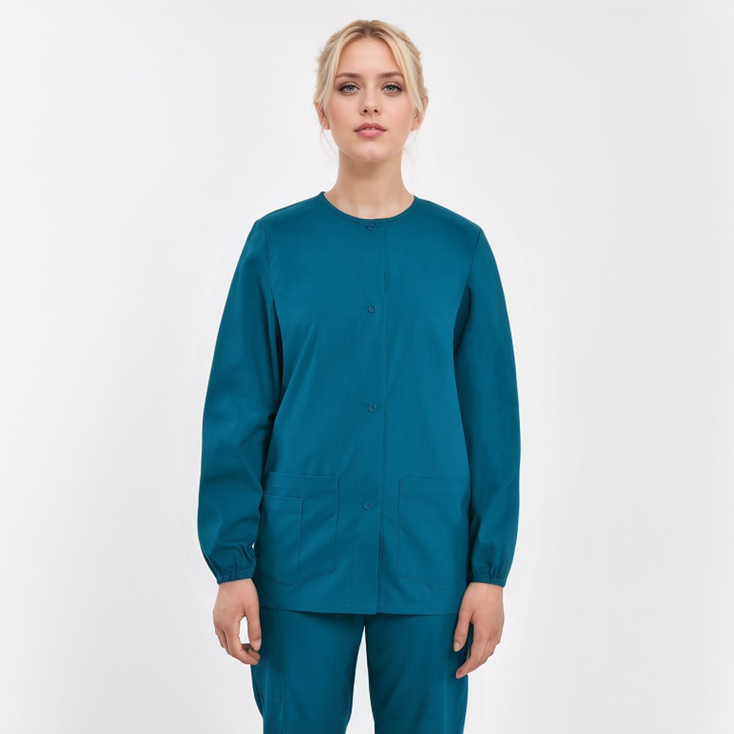 Teal unisex medical work jacket with three pockets, customizable for wholesale healthcare uniforms.