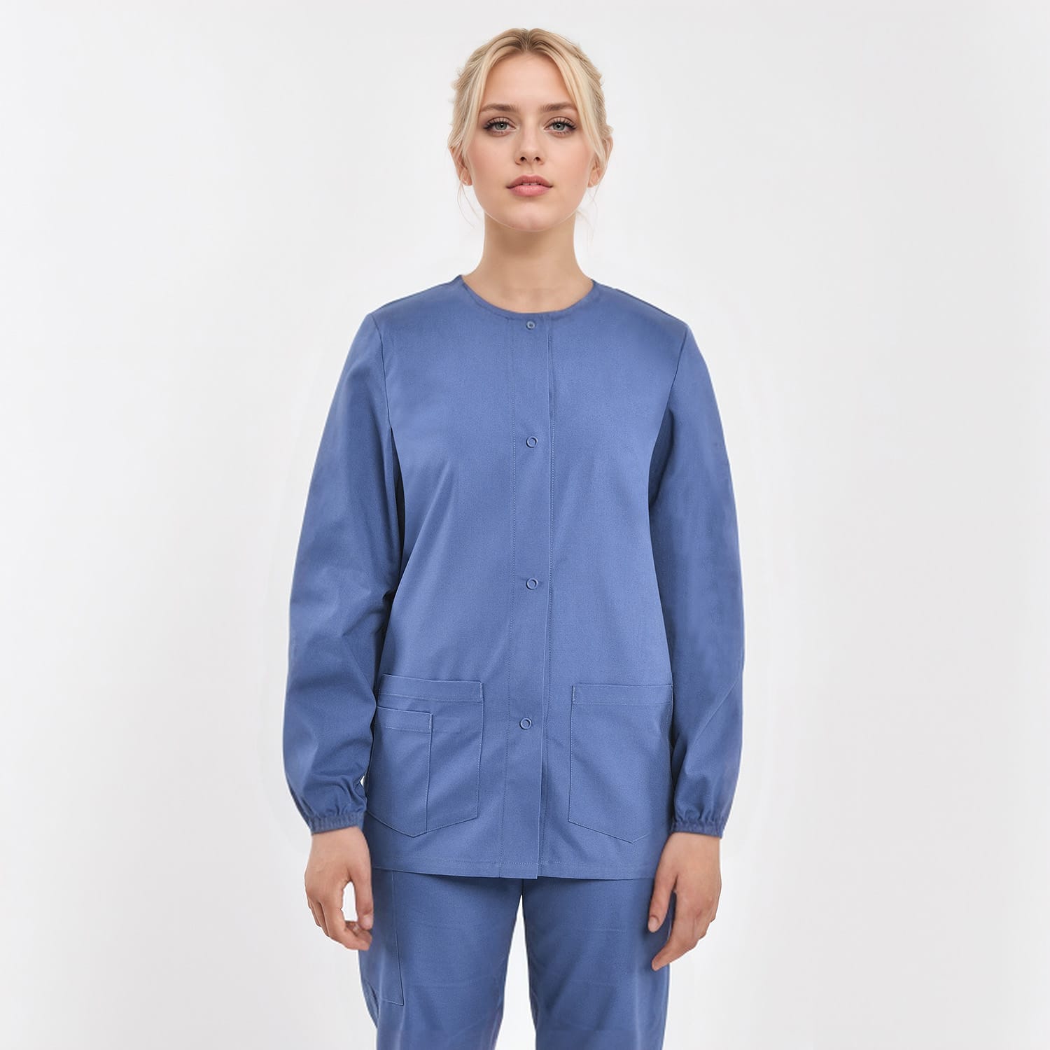 Unisex blue medical work jacket with three pockets, available for wholesale and custom orders.