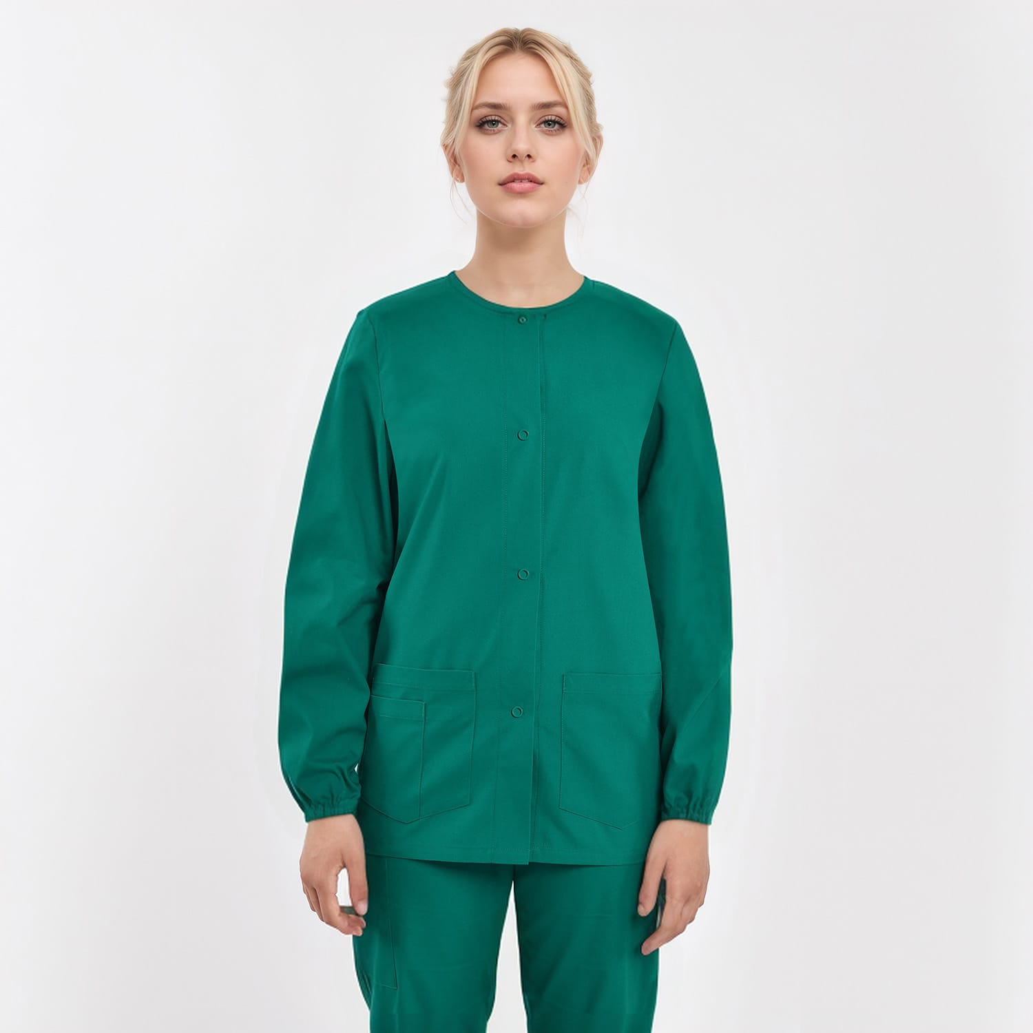 Unisex green medical work jacket with three pockets, available for custom orders and wholesale in multiple colors.