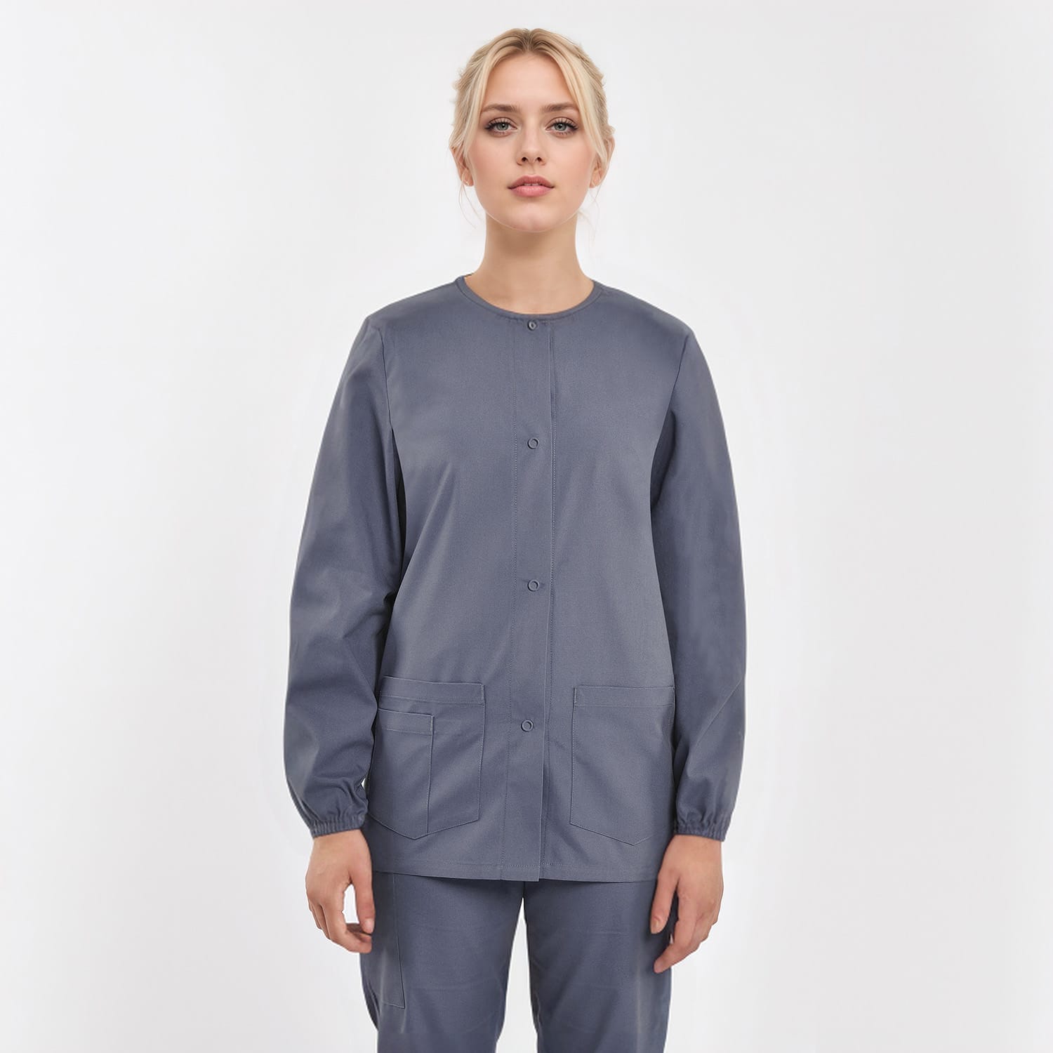 Unisex medical work jacket with three pockets, suitable for healthcare professionals, custom and wholesale orders available.