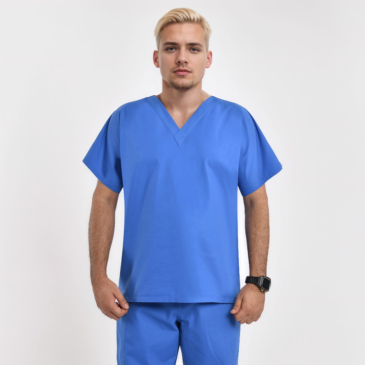Front view of a male model wearing a blue unisex V-neck scrub top, showcasing its professional fit and design for medical professionals.