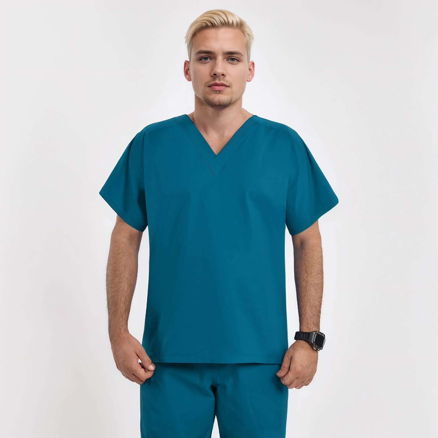 Front view of a male model wearing a teal unisex V-neck scrub top, designed for medical professionals seeking comfort and style.