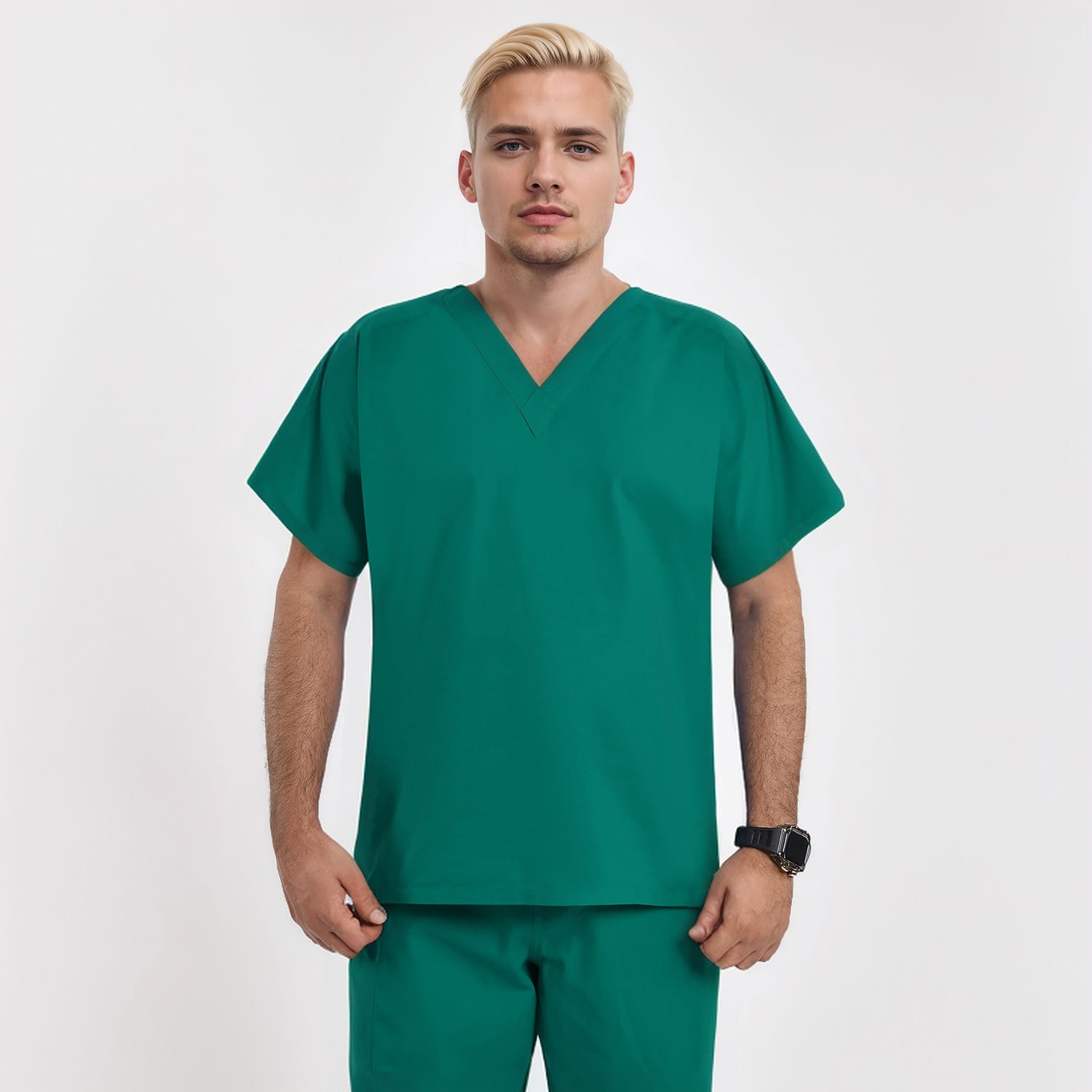 Front view of a male model wearing a green unisex V-neck scrub top, designed for medical professionals seeking comfort and a professional look.