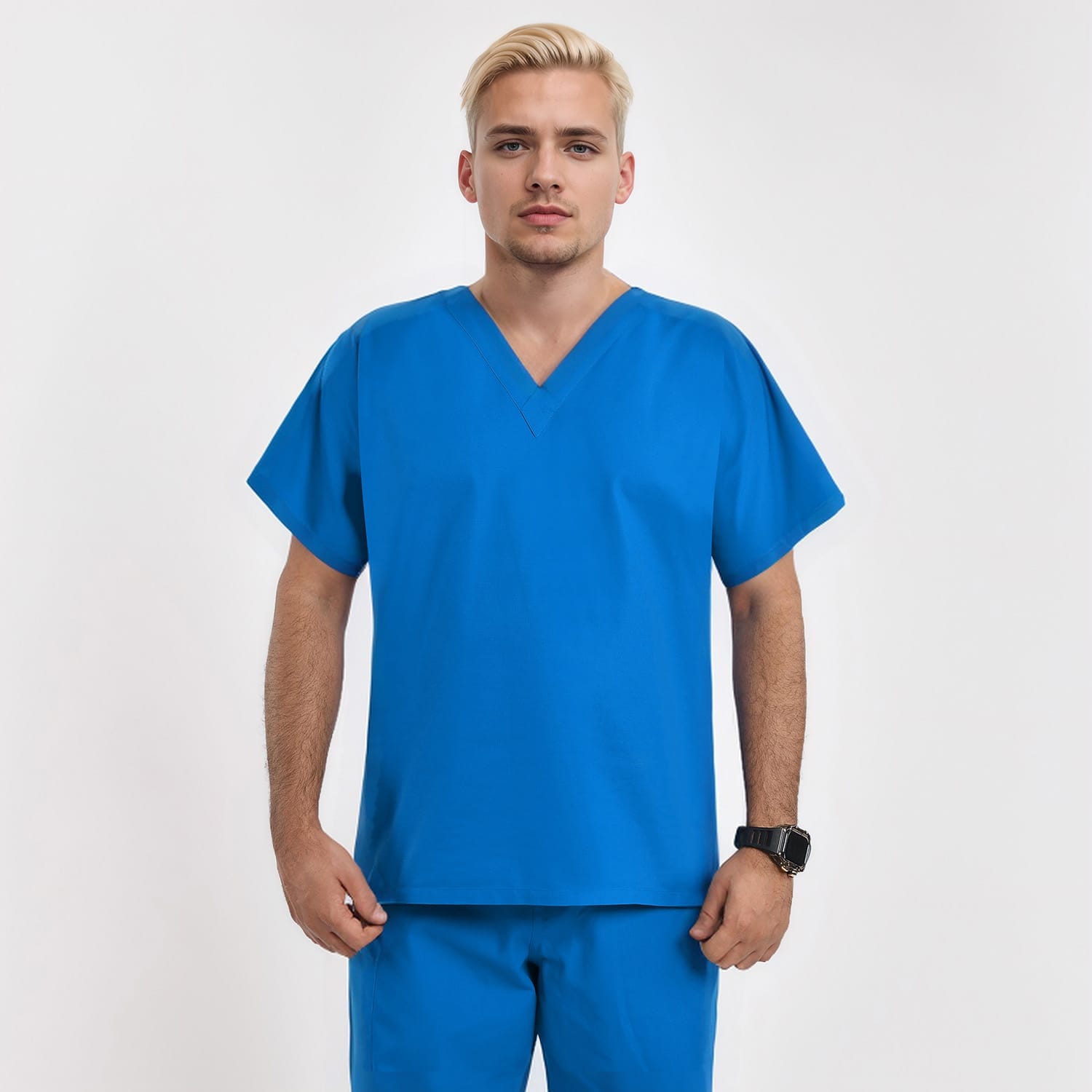 Front view of a male model wearing a blue unisex V-neck scrub top, ideal for healthcare professionals seeking comfort and a professional appearance.
