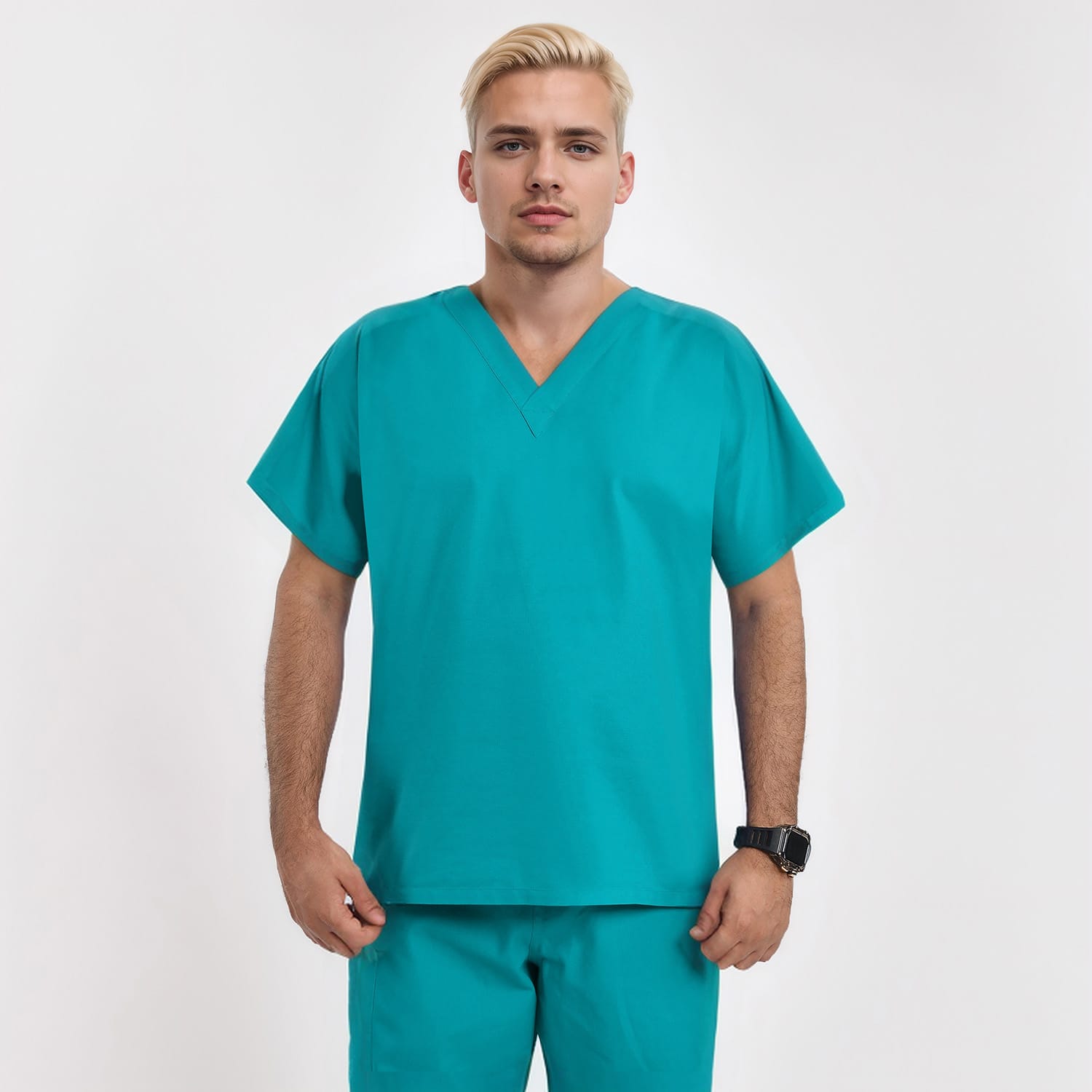 Front view of a male model wearing a teal unisex V-neck scrub top, offering a professional fit and design for healthcare workers.