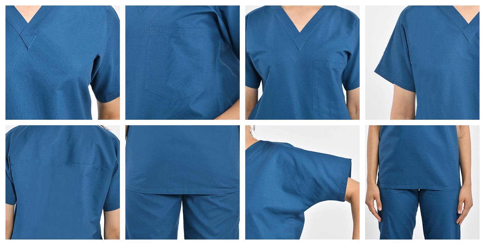 Detailed views of a blue unisex V-neck scrub top with a front pocket and side seams.
