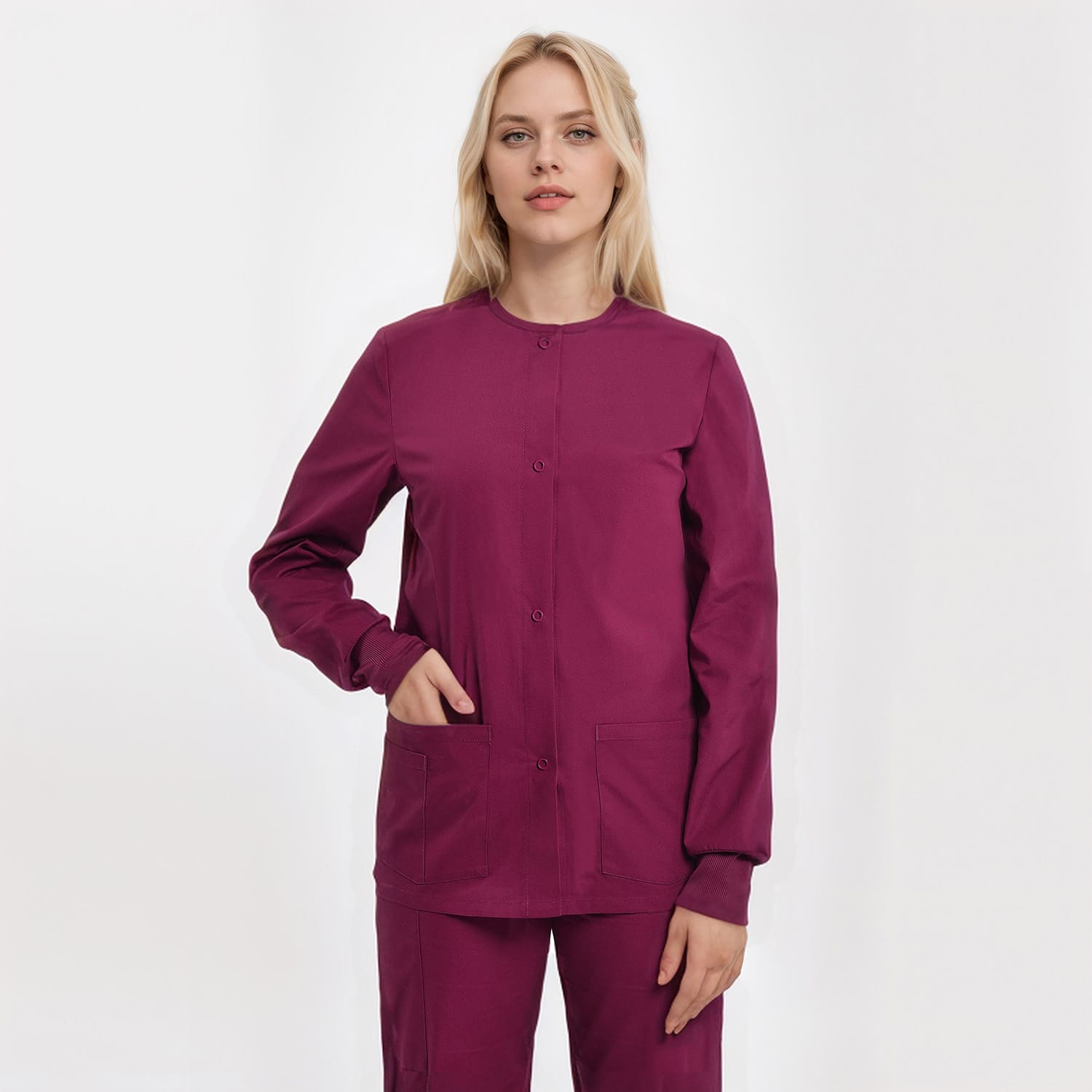 Comfortable unisex scrub jacket with three pockets, ideal for medical professionals, in purple color.