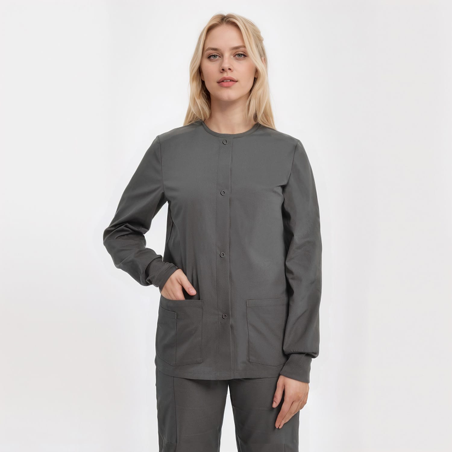 Unisex medical scrub jacket in grey with three pockets, ideal for healthcare professionals, available in multiple sizes and colors.