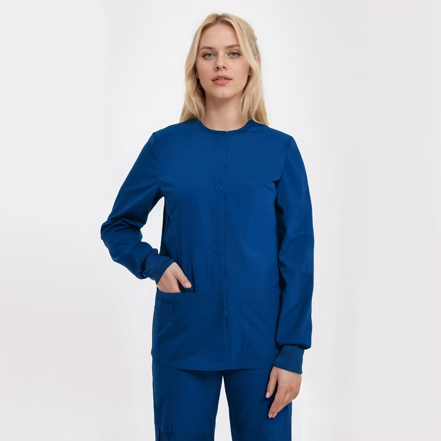 Unisex three pocket warm-up scrub jacket for medical professionals, designed for comfort and durability, available in multiple colors.