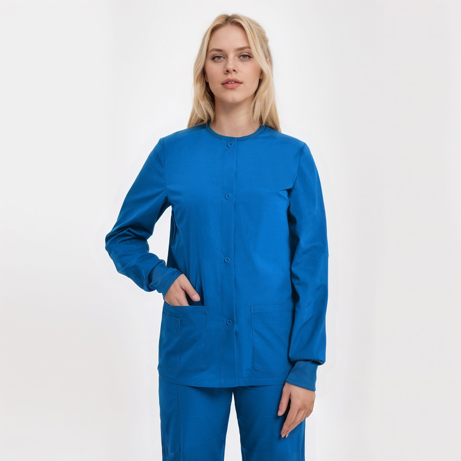 Blue unisex scrub jacket with three pockets, designed for medical professionals. Durable and practical for everyday healthcare tasks.