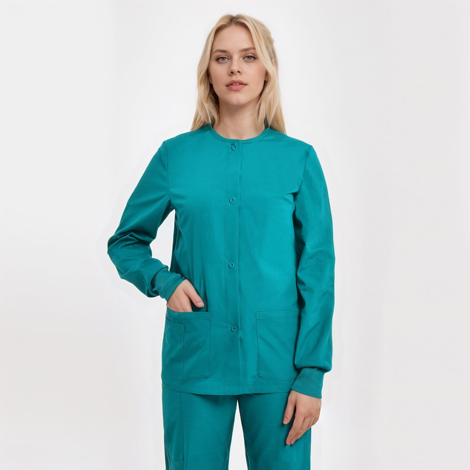 Text: Durable unisex scrub jacket with three pockets, designed for healthcare professionals, available in teal color.