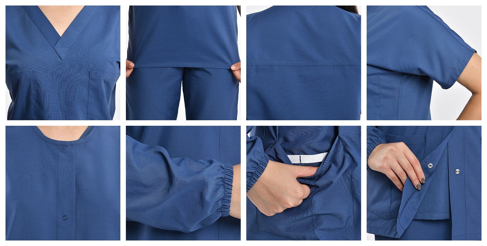 Detailed view of blue unisex medical scrub set with pockets and adjustable cuffs, customizable for healthcare uniforms.