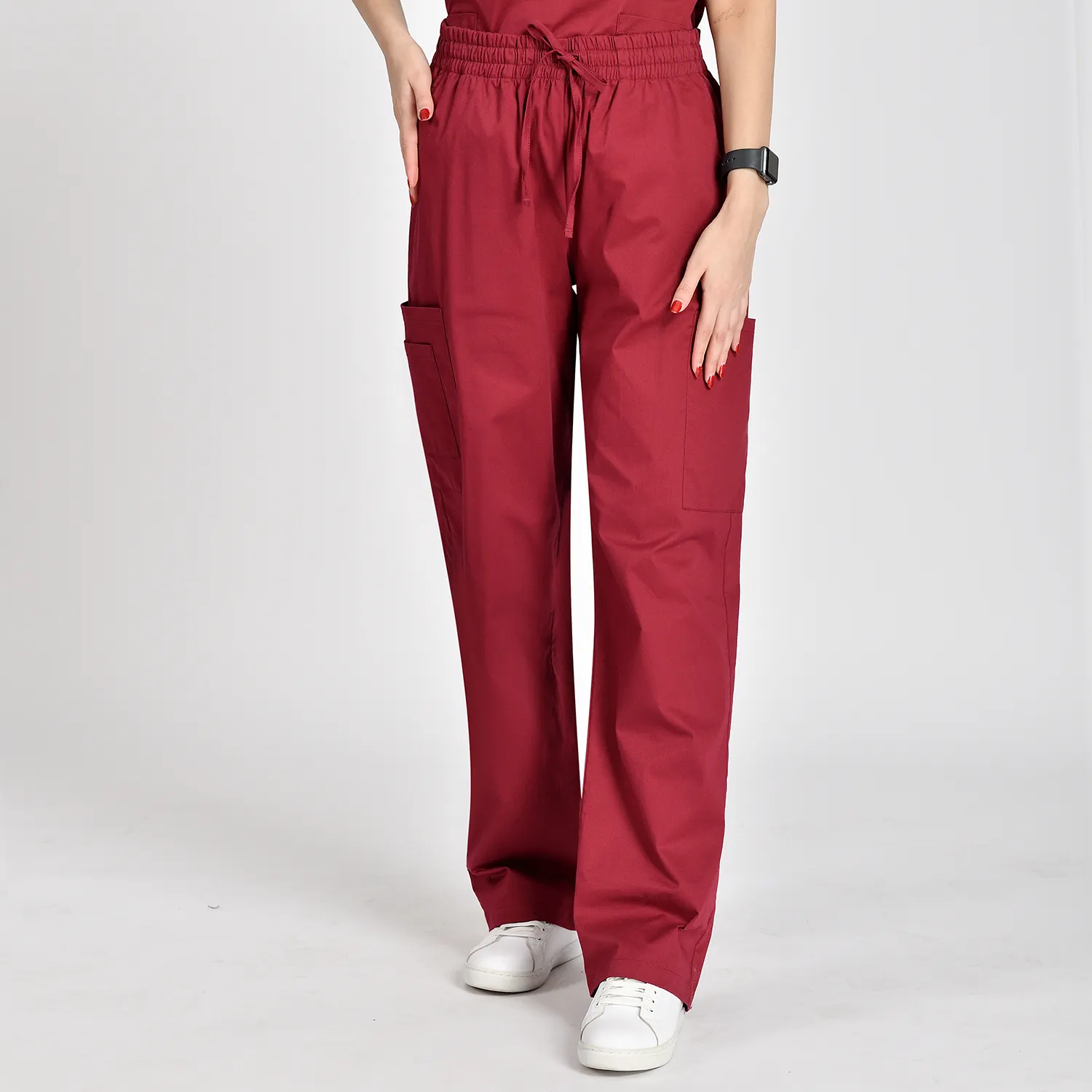 Fashion women’s medical scrub pants with drawstring waist and four pockets, designed for comfort and functionality in healthcare settings.