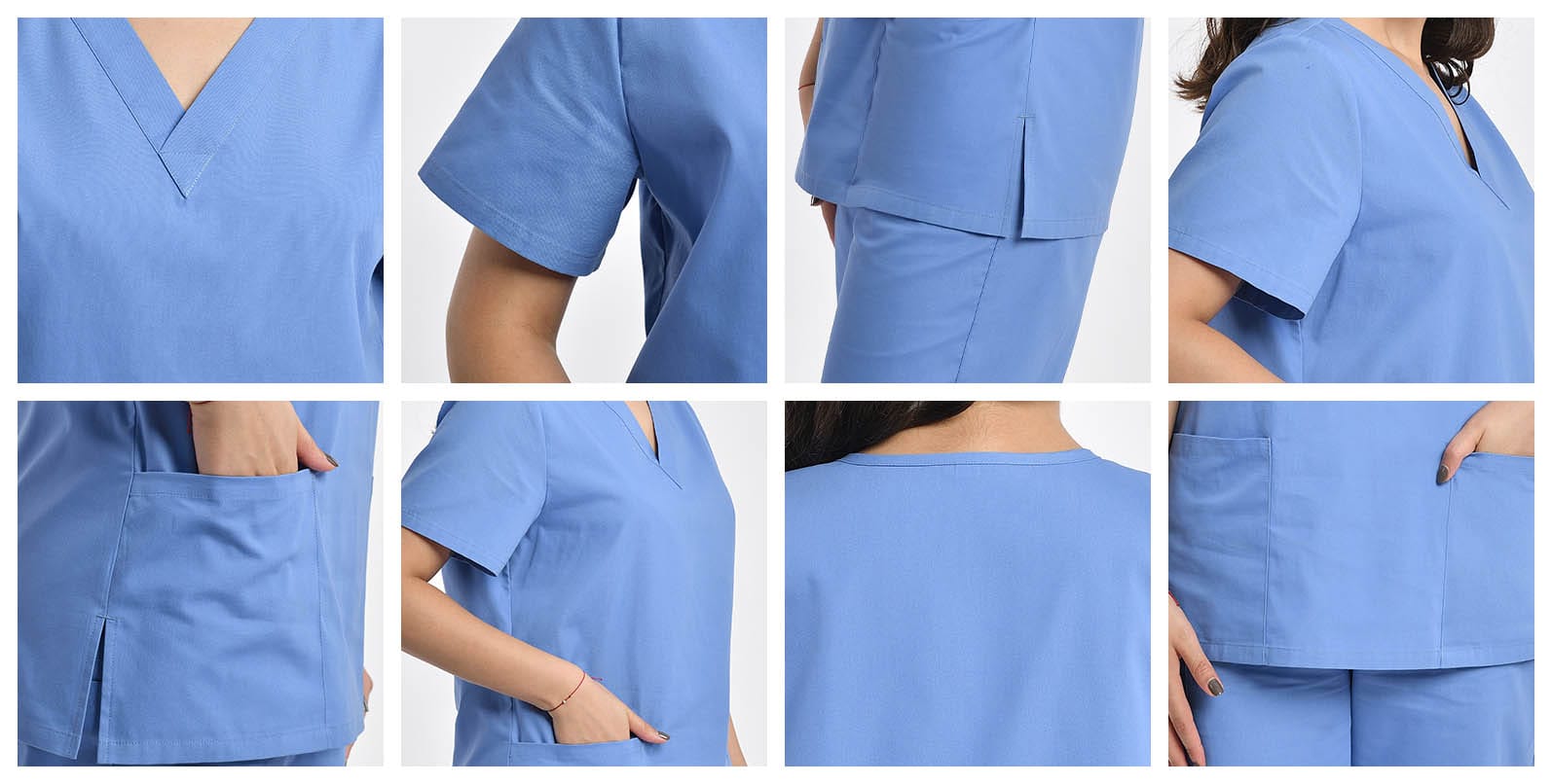Close-up shots of the women’s 2-pocket V-neck scrub top in blue, featuring side pockets, stitching details, and a comfortable fit for healthcare workers.