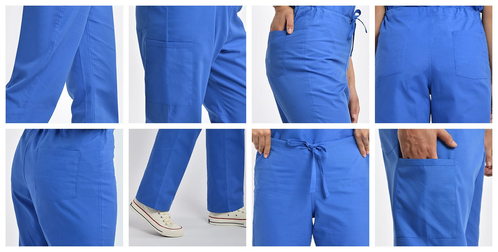 Detailed view of blue unisex scrub pants showing side cargo, rear pocket, and waistband with drawstring for a secure fit.