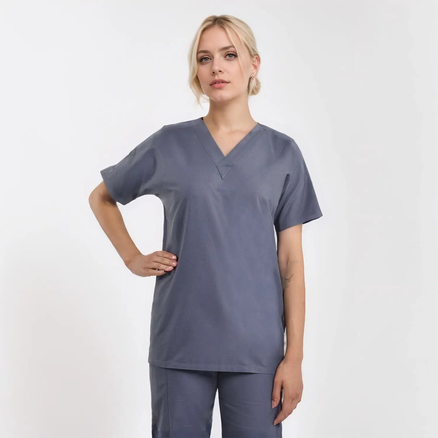 Unisex gray V-neck scrub top for medical professionals.
