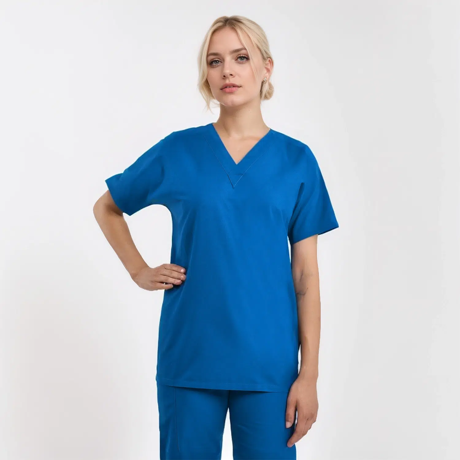 Unisex V-neck scrub top in blue, designed for healthcare professionals.