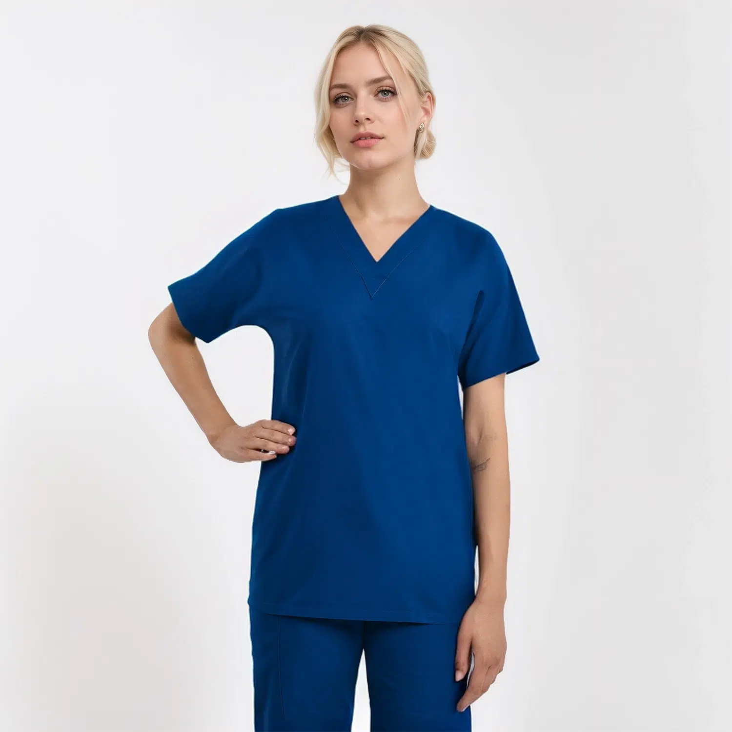 Unisex blue V-neck scrub top designed for healthcare professionals.