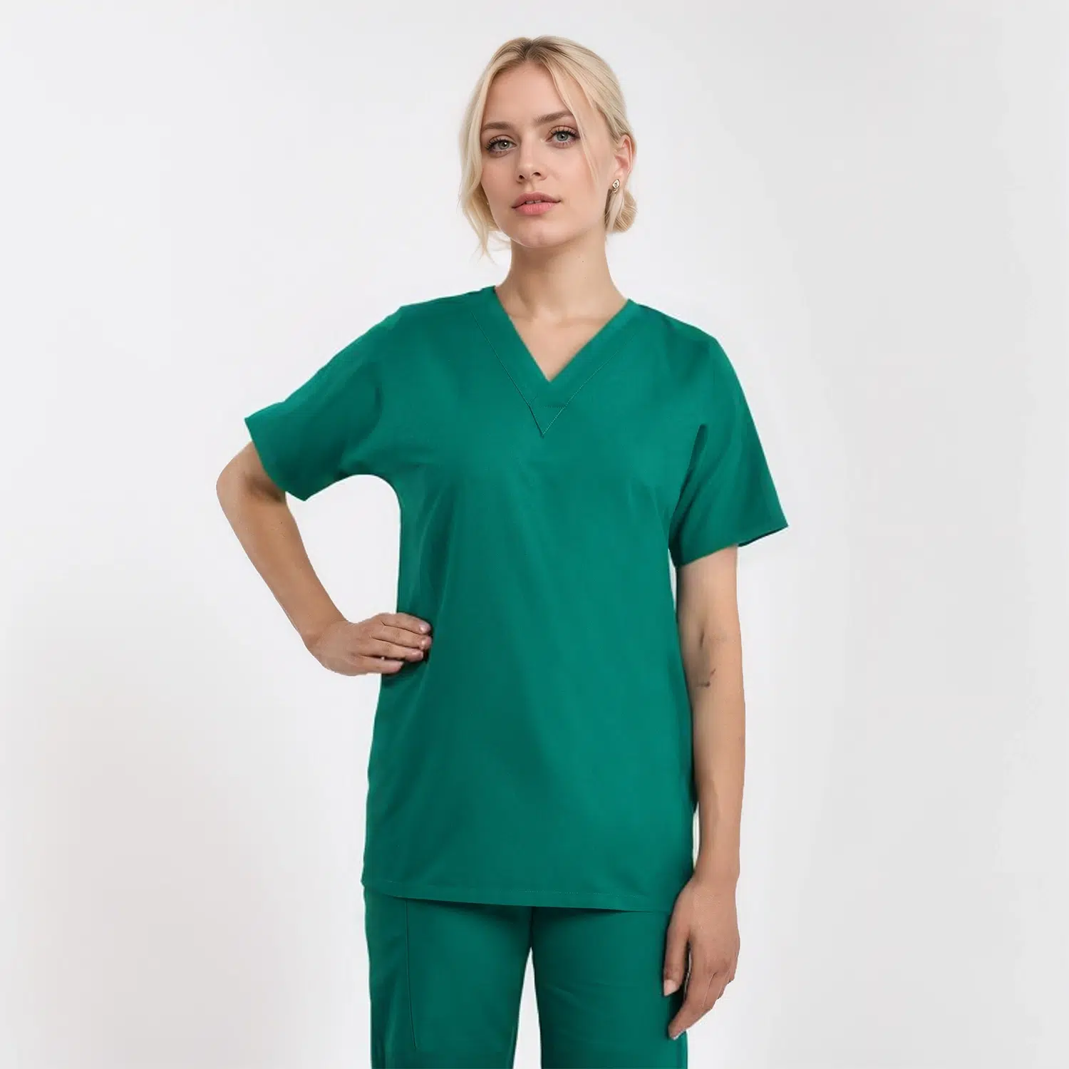 Unisex V-neck scrub top in green, designed for medical professionals.