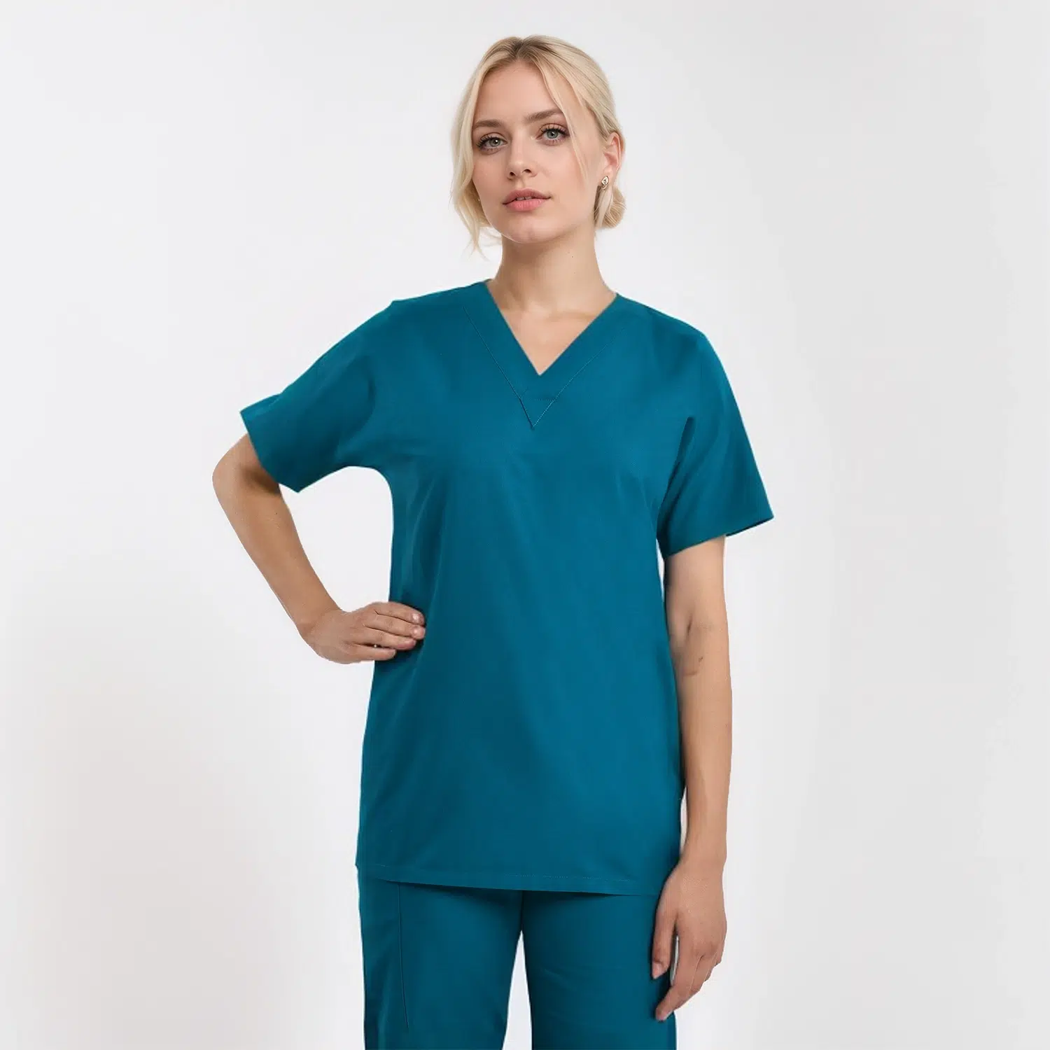 Unisex V-Neck Women's Scrub Top in Teal color, suitable for medical professionals, with a pocket.