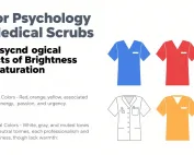 Infographic explaining color psychology in medical scrubs: brightness, saturation effects, and warm/neutral color roles. Features custom scrubs design examples.