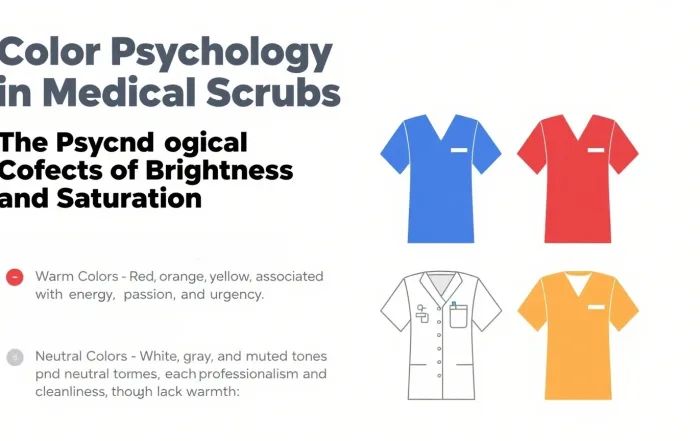 Infographic explaining color psychology in medical scrubs: brightness, saturation effects, and warm/neutral color roles. Features custom scrubs design examples.