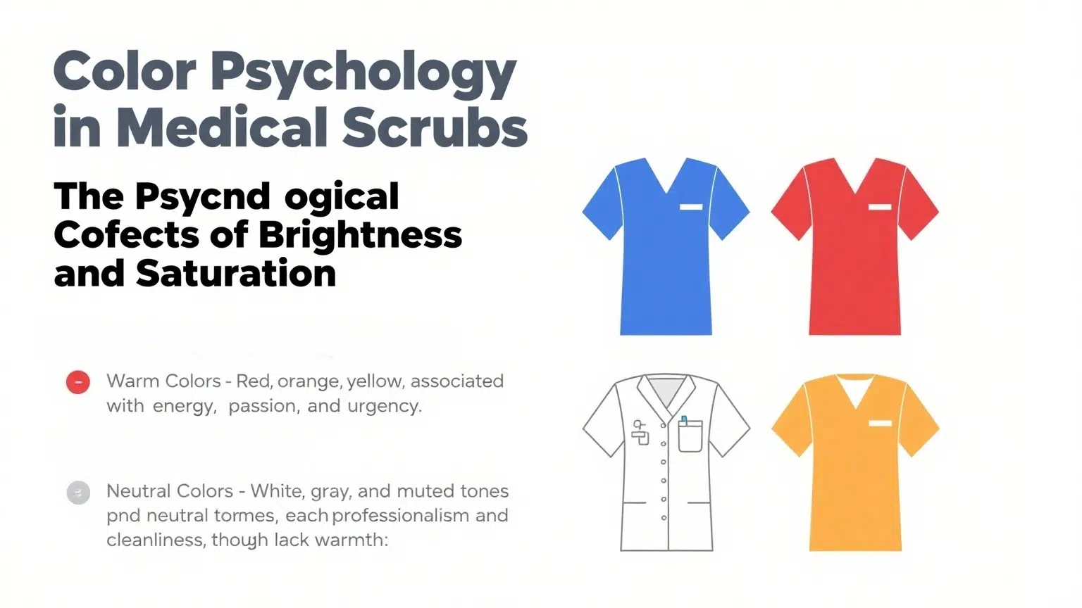 Infographic explaining color psychology in medical scrubs: brightness, saturation effects, and warm/neutral color roles. Features custom scrubs design examples.