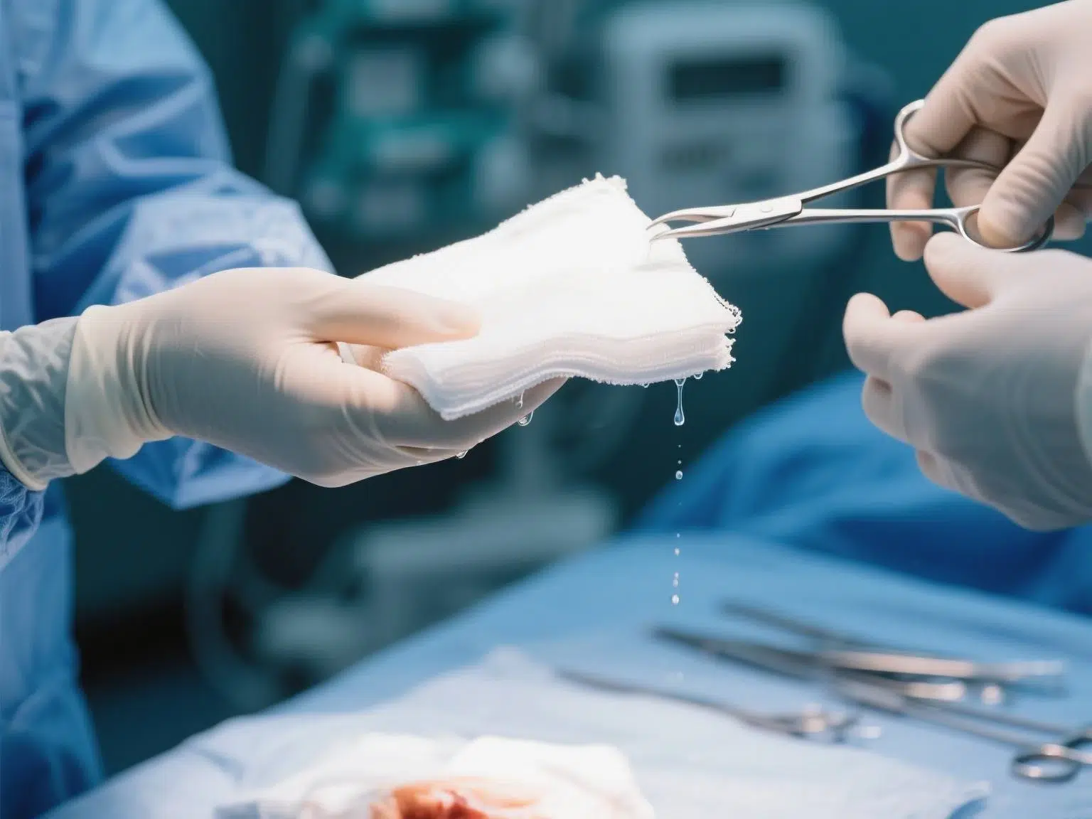 Medical staff in surgical gloves handling wet gauze with forceps in an operating room