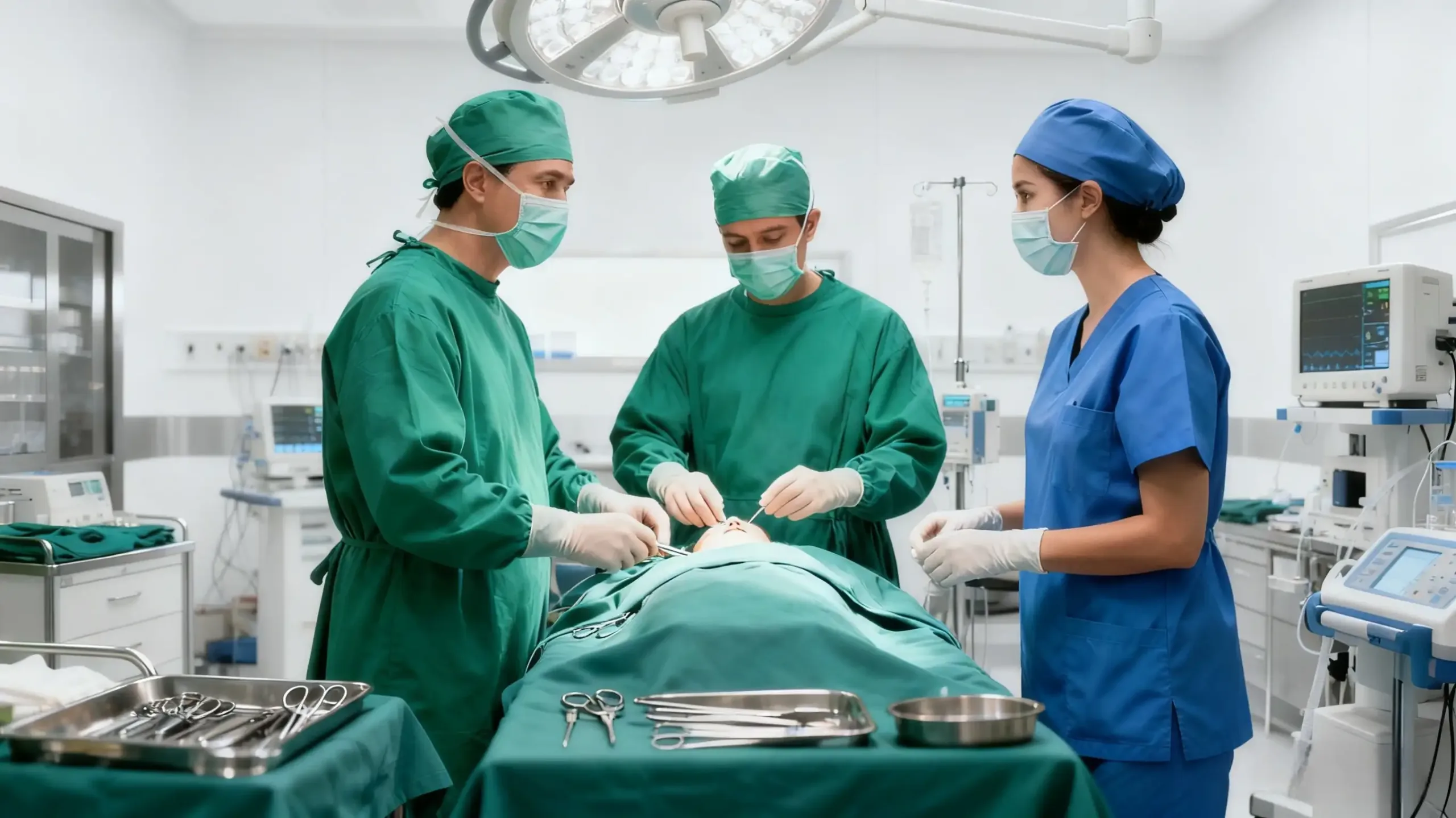 Surgeons in green scrubs in an operating room