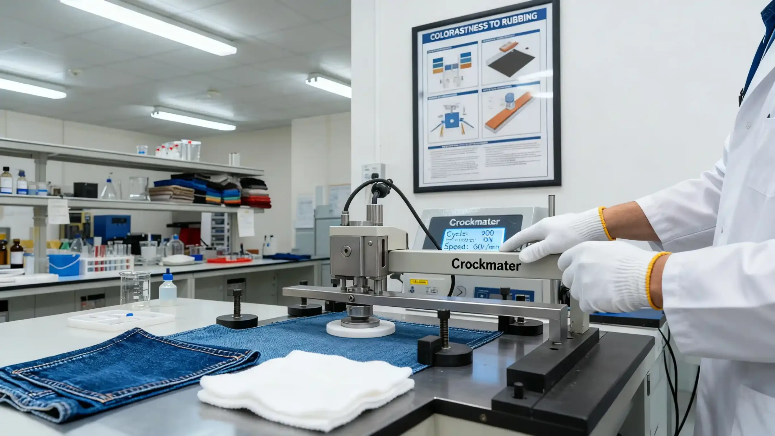 Colorfastness to rubbing test using a crockmeter in textile lab