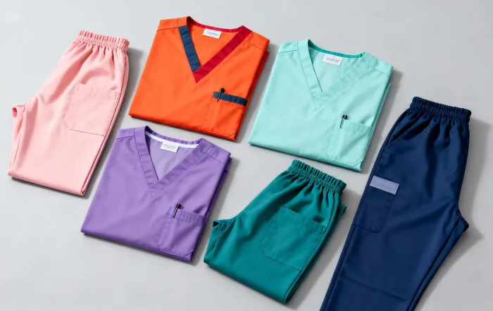 Various colors of custom medical scrubs for hospitals and clinics