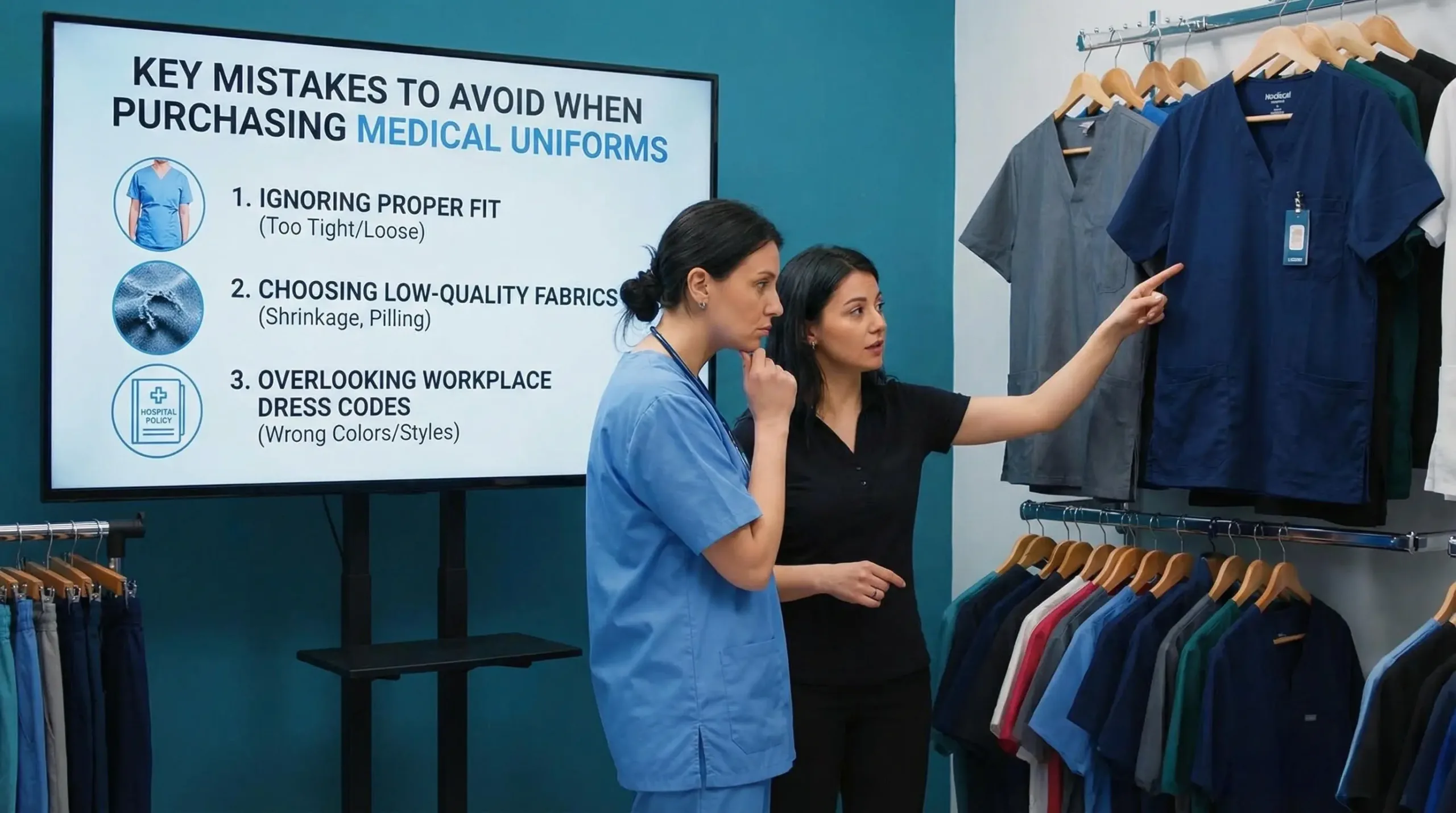 Mistakes in buying medical uniforms: wrong sizes, ignoring dress codes, poor fabric choice.